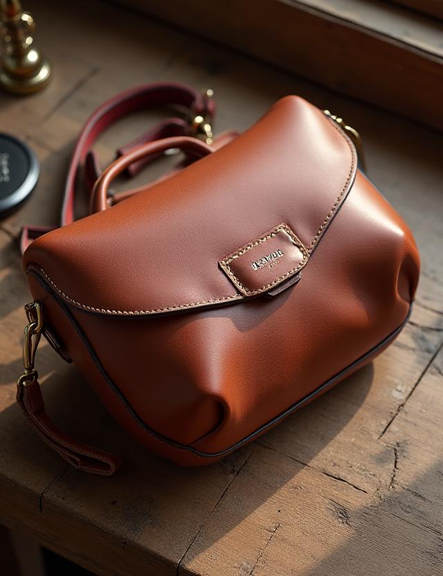 Una borsa in pelle fatta a mano appoggiata su un tavolo di legno