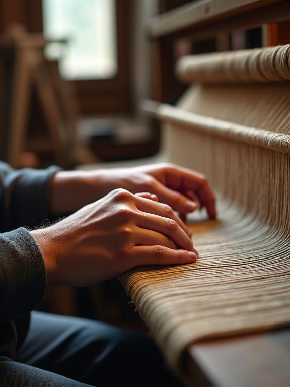 Mani di un artigiano al lavoro su un telaio tradizionale